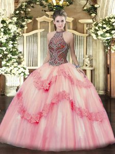 Gorgeous Ball Gowns Quinceanera Dress Pink Halter Top Tulle Sleeveless Floor Length Lace Up