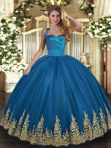 Sleeveless Floor Length Appliques Lace Up Quinceanera Gown with Blue