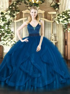 Classical Royal Blue Ball Gowns Beading and Ruffles Quinceanera Gowns Zipper Tulle Sleeveless Floor Length