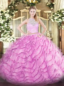 Tulle Scoop Sleeveless Brush Train Zipper Lace and Ruffled Layers Vestidos de Quinceanera in Rose Pink