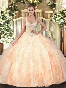 Noble Straps Sleeveless Quinceanera Dresses Floor Length Beading and Ruffles Peach Tulle