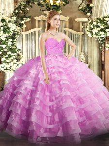 Charming Rose Pink Sweetheart Neckline Beading and Lace and Ruffled Layers 15th Birthday Dress Sleeveless Zipper