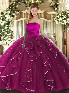 Comfortable Floor Length Fuchsia 15 Quinceanera Dress Strapless Sleeveless Lace Up