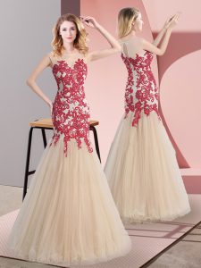 High Class Champagne Sleeveless Appliques Floor Length Prom Dresses