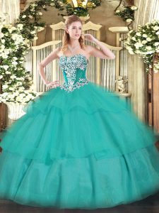 Great Floor Length Turquoise Sweet 16 Dresses Strapless Sleeveless Lace Up