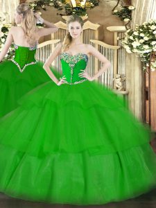 Tulle Sweetheart Sleeveless Lace Up Beading and Ruffled Layers Sweet 16 Dresses in Green