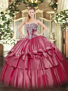 Hot Pink Ball Gowns Strapless Sleeveless Organza and Taffeta Floor Length Lace Up Beading and Ruffled Layers Sweet 16 Dresses
