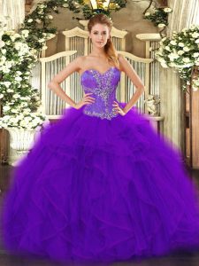 Purple Ball Gowns Sweetheart Sleeveless Tulle Floor Length Lace Up Beading and Ruffles Sweet 16 Dress