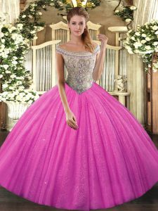 Hot Pink Ball Gowns Beading Quinceanera Dresses Lace Up Tulle Sleeveless