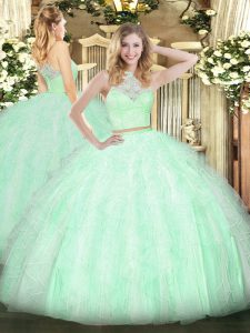 Apple Green Scoop Zipper Lace and Ruffles Quinceanera Dress Sleeveless