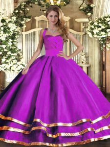 Modest Purple Lace Up Halter Top Ruffled Layers Quinceanera Gown Tulle Sleeveless