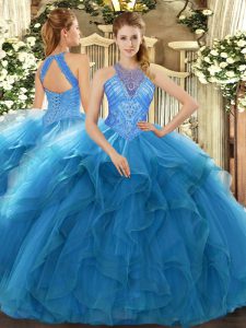 Super Teal Sleeveless Beading and Ruffles Floor Length Quinceanera Gowns