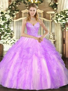 V-neck Sleeveless 15 Quinceanera Dress Floor Length Beading and Ruffles Lilac Tulle
