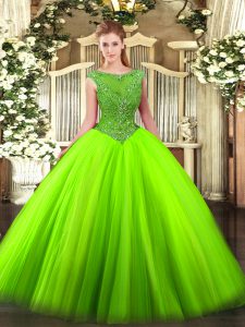 Sleeveless Tulle Floor Length Zipper Quinceanera Gowns in with Beading