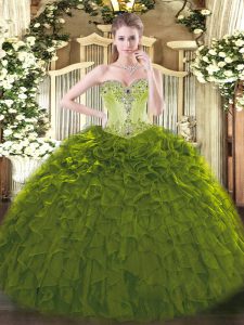 Shining Floor Length Olive Green 15 Quinceanera Dress Organza Sleeveless Beading and Ruffles
