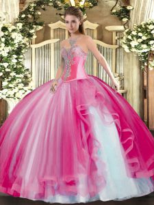 Chic Sweetheart Sleeveless Quince Ball Gowns Floor Length Beading and Ruffles Hot Pink Tulle