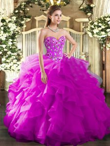 Top Selling Fuchsia Sleeveless Floor Length Embroidery and Ruffles Lace Up 15th Birthday Dress