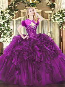 Purple Lace Up Sweet 16 Dress Beading and Ruffles Sleeveless Floor Length