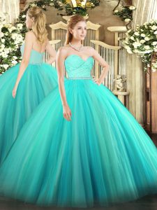 Sweetheart Sleeveless Sweet 16 Quinceanera Dress Floor Length Beading and Lace Turquoise Tulle