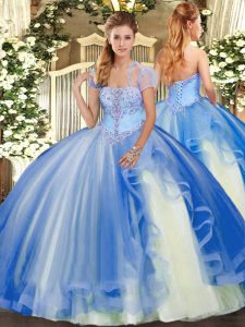 Fantastic Blue Sleeveless Appliques and Ruffles Floor Length Quinceanera Gowns