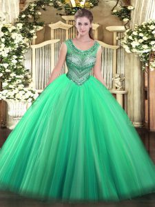 Glittering Ball Gowns Quinceanera Gown Turquoise Scoop Tulle Sleeveless Floor Length Lace Up