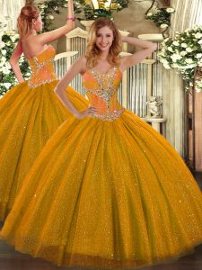 Gold Lace Up Quinceanera Gown Beading Sleeveless Floor Length
