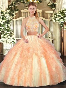 Gold Two Pieces Beading and Ruffled Layers Quince Ball Gowns Criss Cross Tulle Sleeveless Floor Length