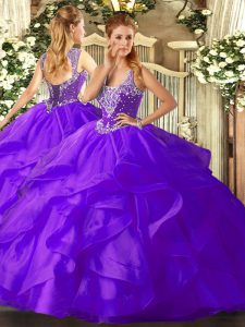 Tulle Straps Sleeveless Lace Up Beading and Ruffles Quince Ball Gowns in Purple