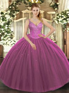 Exceptional Sleeveless Floor Length Beading Lace Up Quinceanera Gown with Fuchsia