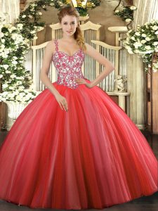 Adorable Coral Red Sleeveless Tulle Lace Up Quinceanera Gown for Sweet 16 and Quinceanera