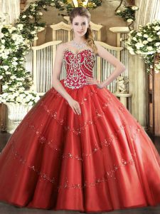 Custom Fit Red Sleeveless Beading and Appliques Floor Length Quinceanera Gowns