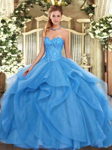 Sweet Baby Blue Sweetheart Lace Up Beading and Ruffles Ball Gown Prom Dress Sleeveless