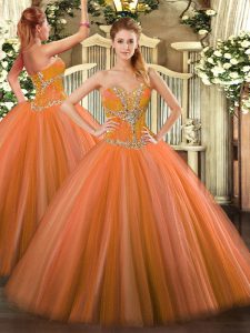 Orange Red Tulle Lace Up Vestidos de Quinceanera Sleeveless Floor Length Beading