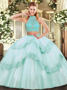 Sumptuous Floor Length Criss Cross Quinceanera Dresses Apple Green for Military Ball and Sweet 16 and Quinceanera with Beading and Appliques and Ruffles