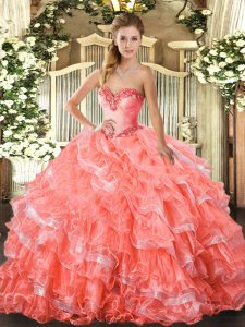 Simple Watermelon Red Sweetheart Lace Up Beading and Ruffled Layers Quinceanera Gowns Sleeveless
