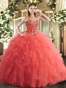 Modern Watermelon Red Tulle Lace Up Sweetheart Sleeveless Floor Length Quinceanera Gowns Embroidery and Ruffles