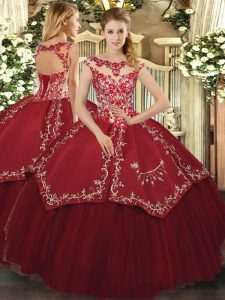Classical Floor Length Wine Red Quinceanera Dress Scoop Cap Sleeves Lace Up
