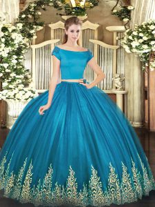 Teal Quince Ball Gowns Military Ball and Sweet 16 and Quinceanera with Appliques Off The Shoulder Short Sleeves Zipper