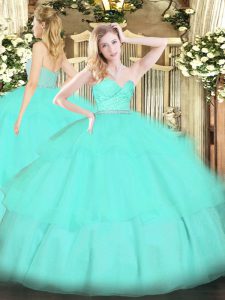 Exquisite Apple Green Ball Gowns Beading and Lace and Ruffled Layers Vestidos de Quinceanera Zipper Tulle Sleeveless Floor Length