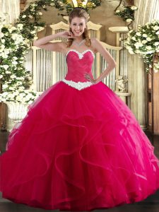 Hot Pink Tulle Lace Up Quinceanera Gowns Sleeveless Floor Length Appliques and Ruffles