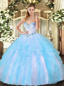 Hot Sale Aqua Blue Lace Up Sweetheart Beading and Ruffles 15 Quinceanera Dress Tulle Sleeveless