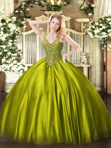 Excellent V-neck Sleeveless Lace Up Quinceanera Dresses Olive Green Satin