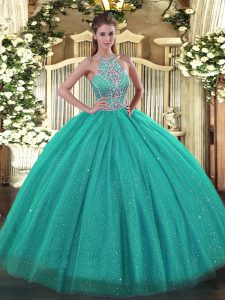 Luxury Ball Gowns 15 Quinceanera Dress Turquoise Halter Top Tulle Sleeveless Floor Length Lace Up
