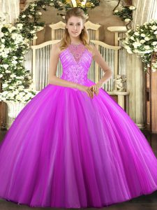 Customized Fuchsia Sweet 16 Dresses Military Ball and Sweet 16 and Quinceanera with Beading High-neck Sleeveless Lace Up