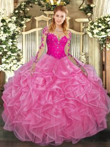 Rose Pink Scoop Lace Up Lace and Ruffles Ball Gown Prom Dress Long Sleeves