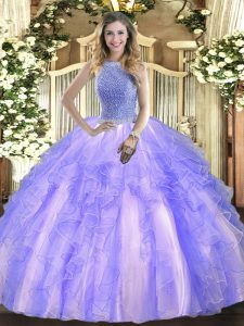 Clearance Lavender Ball Gowns Tulle High-neck Sleeveless Beading and Ruffles Floor Length Lace Up Sweet 16 Dress