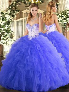 Blue Lace Up Quinceanera Dresses Beading and Ruffles Sleeveless Floor Length