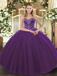 Sweetheart Sleeveless 15 Quinceanera Dress Floor Length Beading Dark Purple Tulle