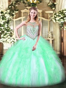 Glamorous Apple Green Ball Gowns Beading and Ruffles 15 Quinceanera Dress Zipper Tulle Sleeveless Floor Length