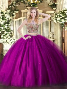 Wonderful Fuchsia Scoop Lace Up Beading Sweet 16 Dresses Sleeveless